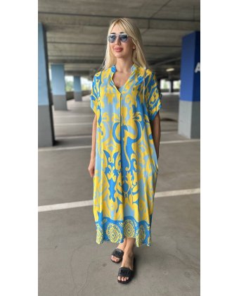 Длинное желто-голубое  платье с принтом Anna Pepe AP 6596
