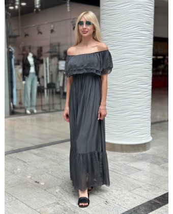 Темно-серое длинное платье с открытыми плечами Anna Pepe AP 61358-5