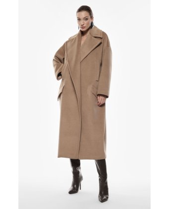 Длинное коричневое пальто oversize с широкими лацканами и карманами IMPERIAL KG26KLY